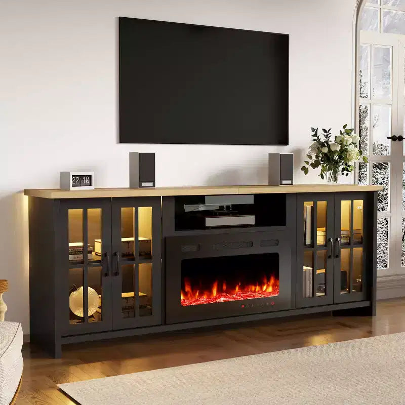 78" takan edessä oleva TV-taso LED-valoilla ja säädettävillä hyllyillä