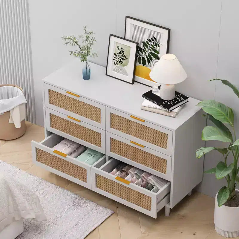 43" Wide 6-Drawer Rattan Storage Cabinet, White
