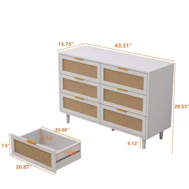 43" Wide 6-Drawer Rattan Storage Cabinet, White
