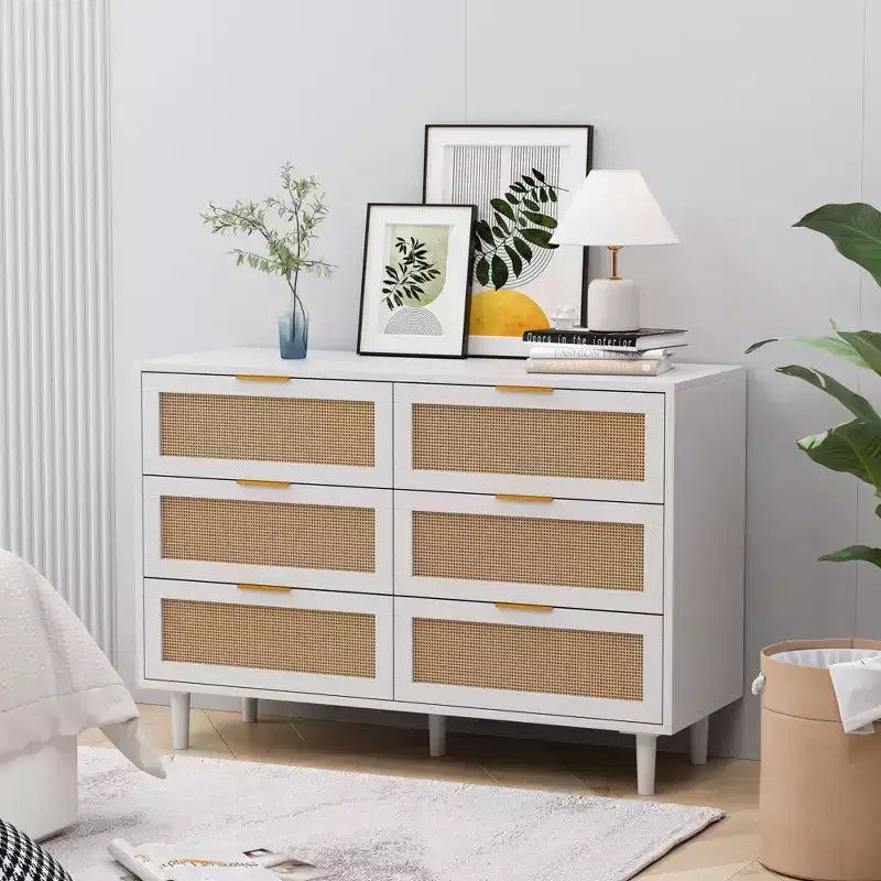 43" Wide 6-Drawer Rattan Storage Cabinet, White