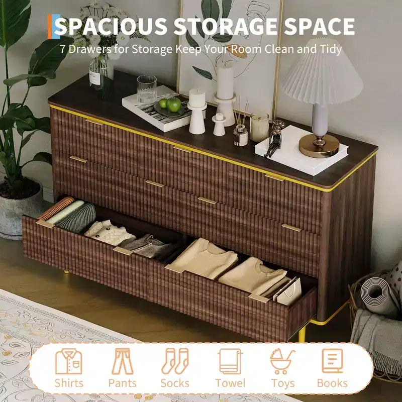 7-Drawer Dresser with Fluted Panel Design, 54 Inch Wide Chest of Drawers