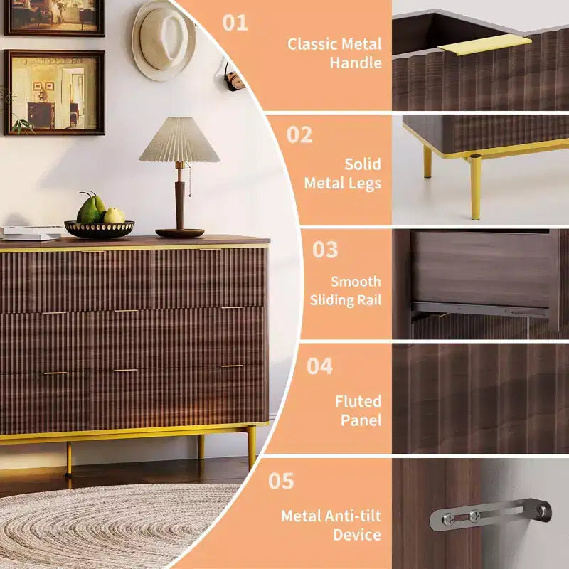 7-Drawer Dresser with Fluted Panel Design, 54 Inch Wide Chest of Drawers