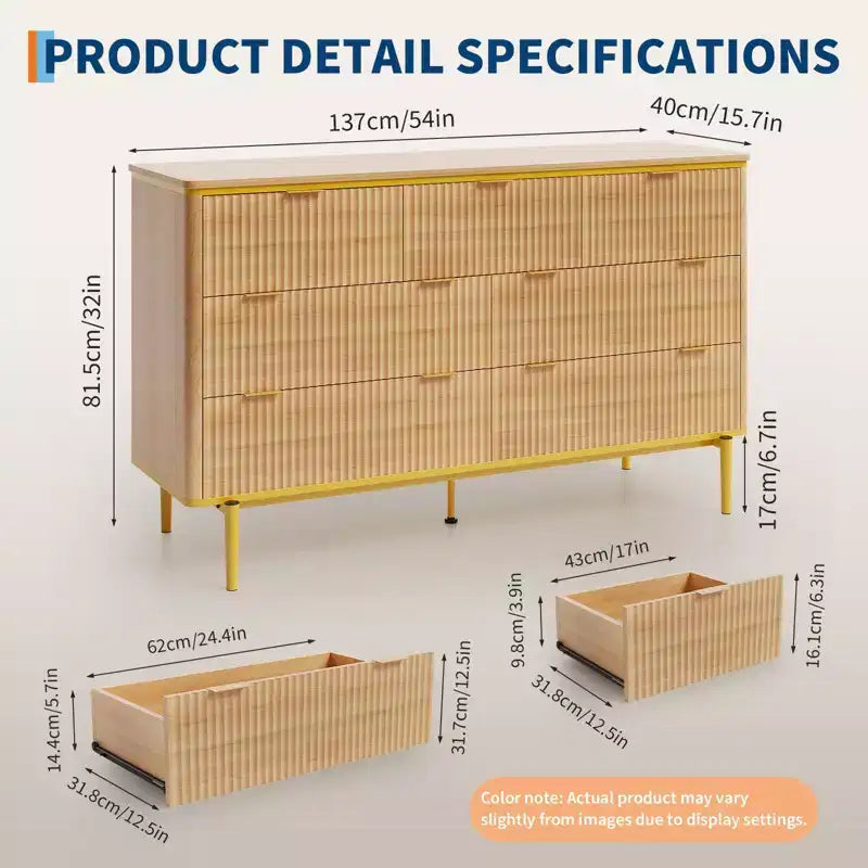 7-Drawer Dresser with Fluted Panel Design, 54 Inch Wide Chest of Drawers