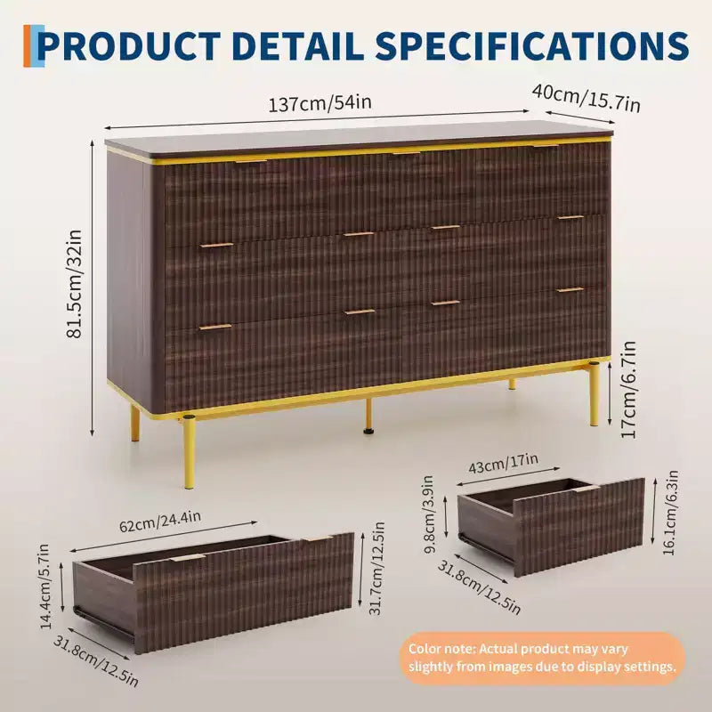 7-Drawer Dresser with Fluted Panel Design, 54 Inch Wide Chest of Drawers