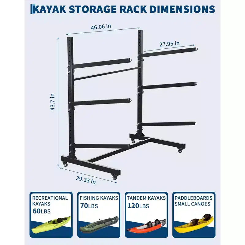 3-Tier Freestanding Kayak Storage Rack with Lockable Wheels