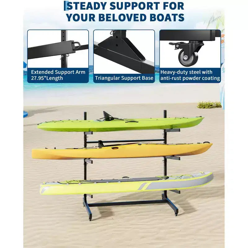 3-Tier Freestanding Kayak Storage Rack with Lockable Wheels