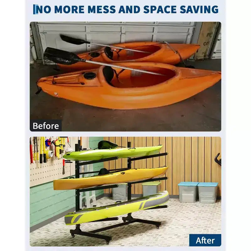 3-Tier Freestanding Kayak Storage Rack with Lockable Wheels