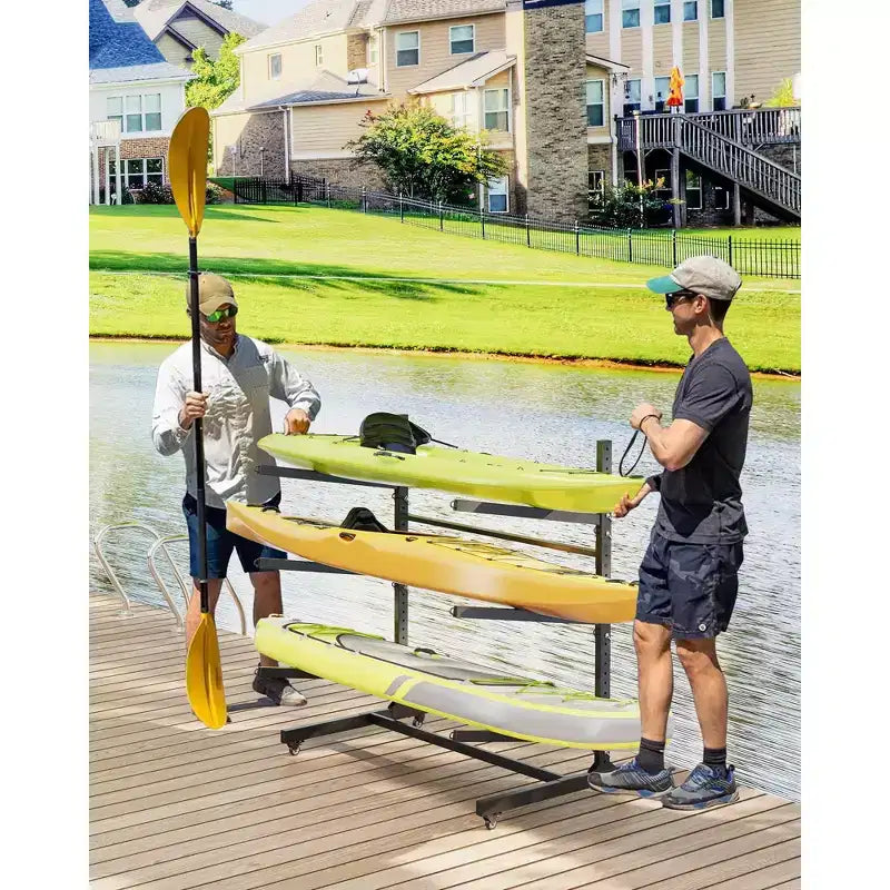 3-Tier Freestanding Kayak Storage Rack with Lockable Wheels