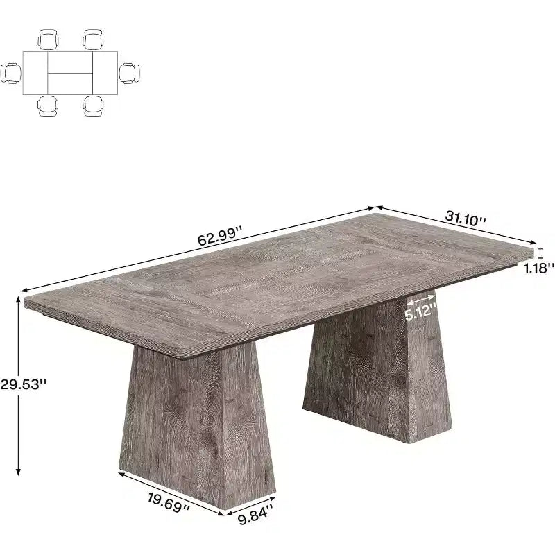 Stół jadalniany dla 6 osób, prostokątny stół kuchenny w stylu wiejskim z podwójną podstawą, 63 L x 31,5 W x 30 H, szary