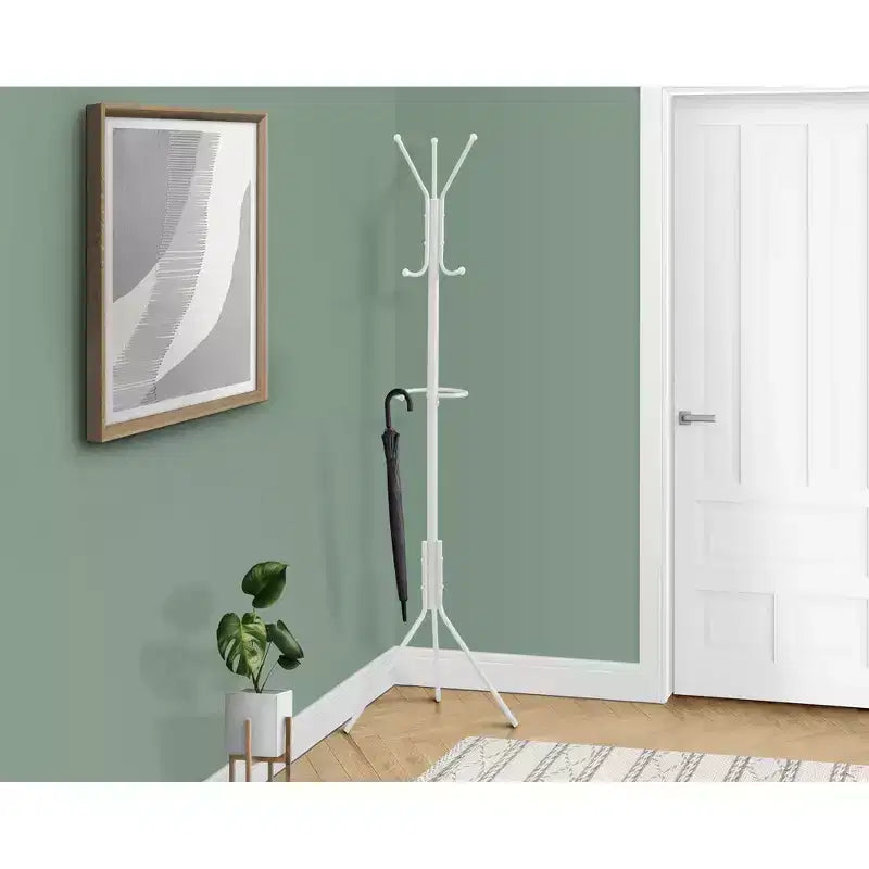 68" Freestanding Metal Coat Rack with Hanging Bar, 6 Hooks and Umbrella Holder
