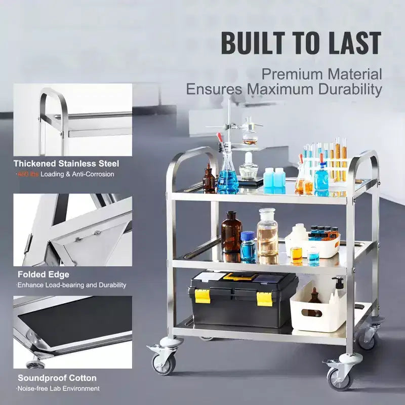 3-Tier Stainless Steel Rolling Utility Cart with Lockable Wheels