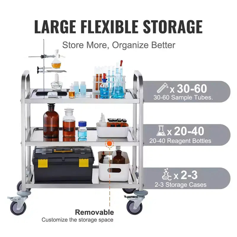 3-Tier Stainless Steel Rolling Utility Cart with Lockable Wheels