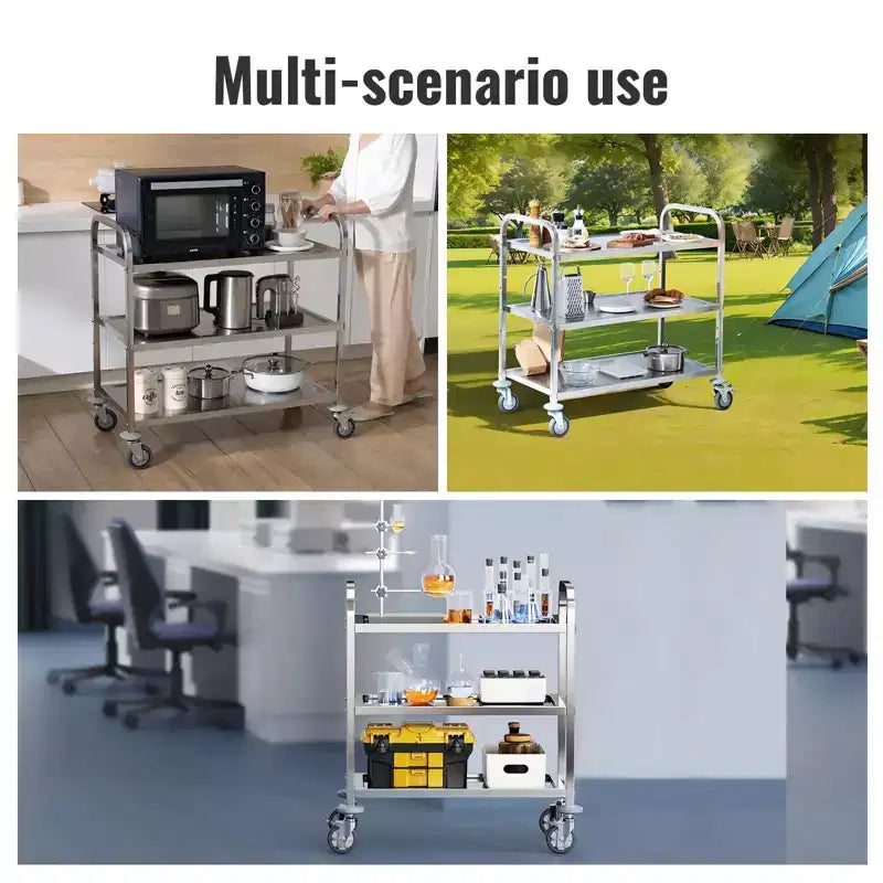3-Tier Stainless Steel Rolling Utility Cart with Lockable Wheels
