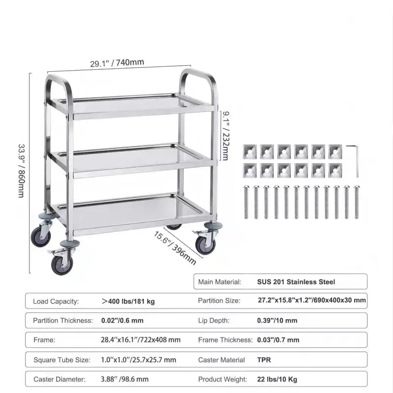 3-Tier Stainless Steel Rolling Utility Cart with Lockable Wheels
