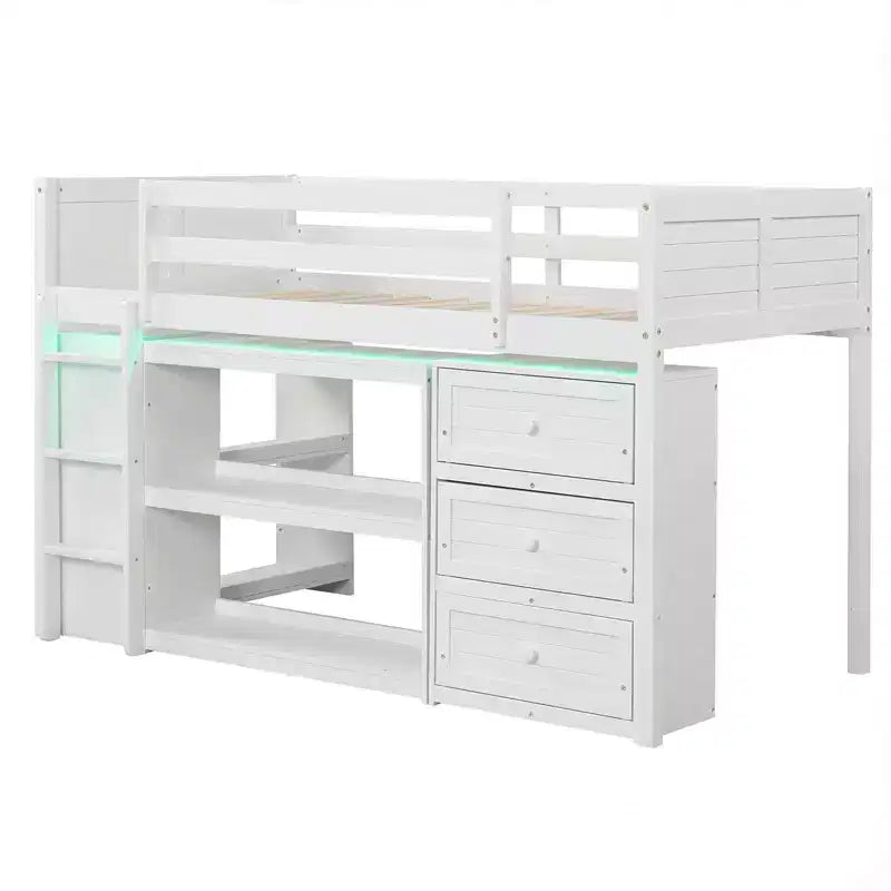 Lit mezzanine simple avec lumières LED, tiroirs, étagères et échelle