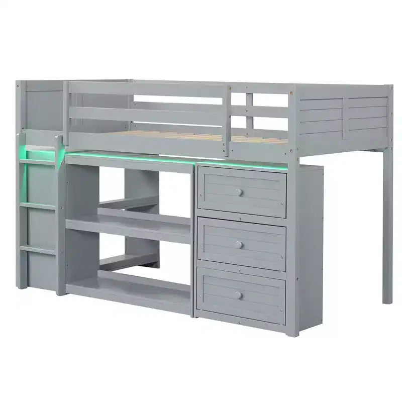Lit mezzanine simple avec lumières LED, tiroirs, étagères et échelle