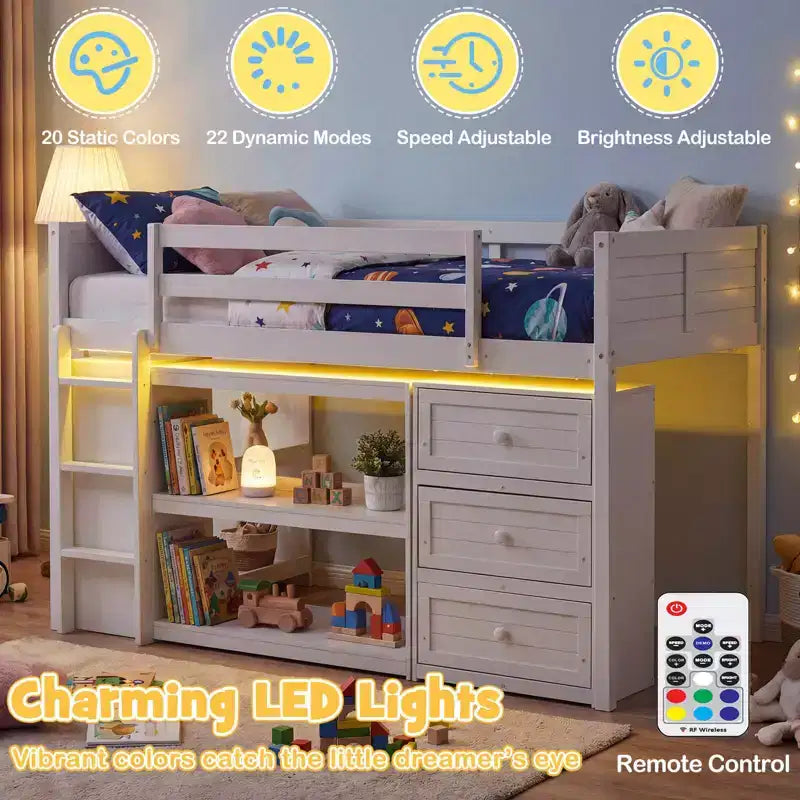 Lit mezzanine simple avec lumières LED, tiroirs, étagères et échelle