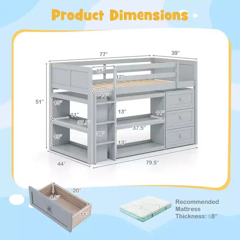 Lit mezzanine simple avec lumières LED, tiroirs, étagères et échelle