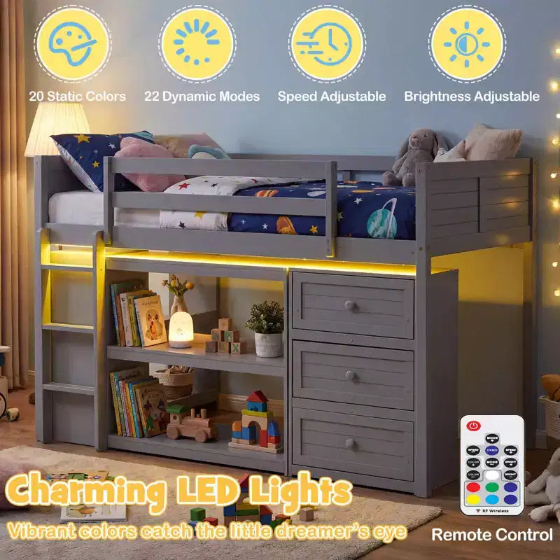 Lit mezzanine simple avec lumières LED, tiroirs, étagères et échelle