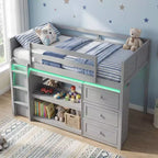Costway Twin Size Loft Bed with LED Lights Underbed Space Drawers Shelves Ladder Gray/White