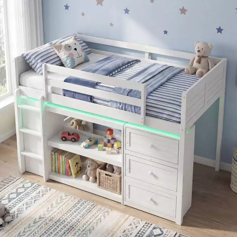 Twin Size Loft Bed with LED Lights, Drawers, Shelves & Ladder