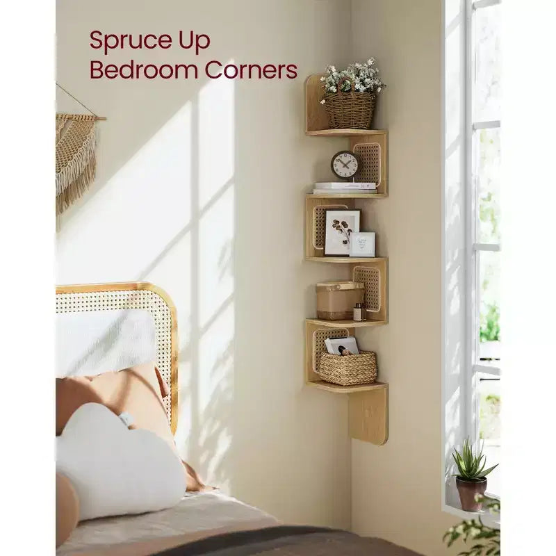 5-Tier Wall-Mounted Corner Shelf with PVC Rattan Sides, Zigzag Design, Space-Saving Floating Shelf
