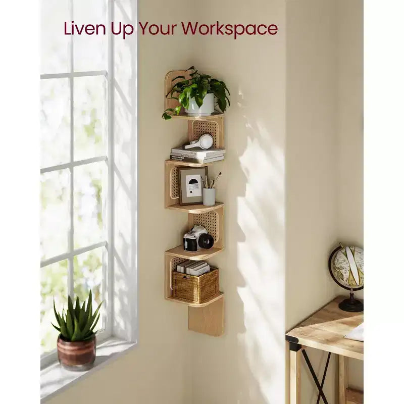 5-Tier Wall-Mounted Corner Shelf with PVC Rattan Sides, Zigzag Design, Space-Saving Floating Shelf