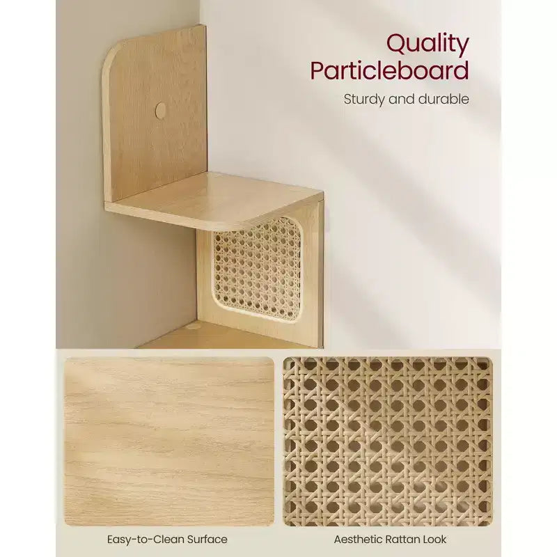 5-Tier Wall-Mounted Corner Shelf with PVC Rattan Sides, Zigzag Design, Space-Saving Floating Shelf