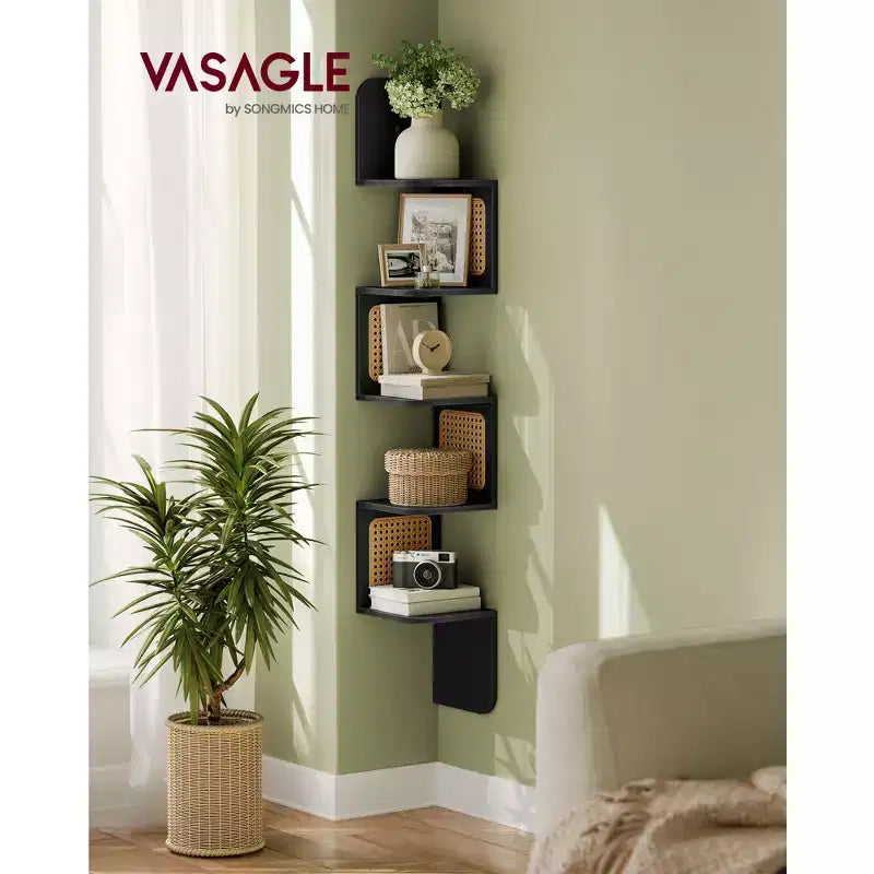 5-Tier Wall-Mounted Corner Shelf with PVC Rattan Sides, Zigzag Design, Space-Saving Floating Shelf