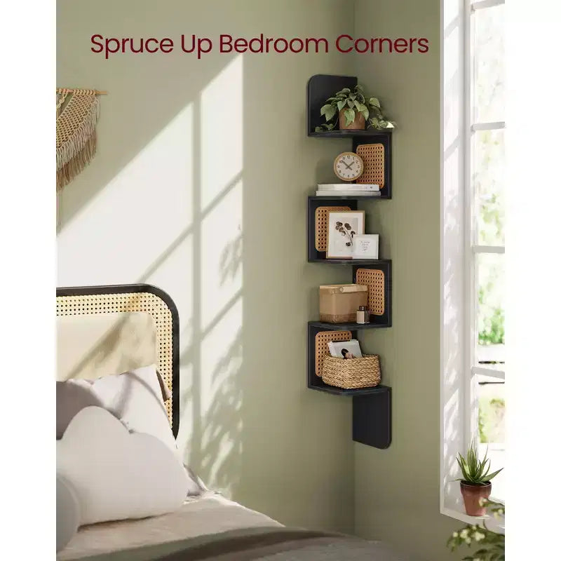 5-Tier Wall-Mounted Corner Shelf with PVC Rattan Sides, Zigzag Design, Space-Saving Floating Shelf