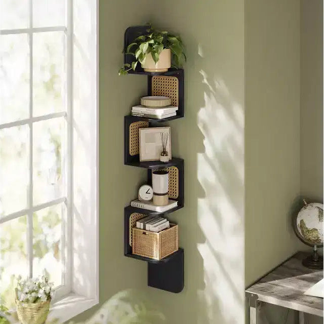 5-Tier Wall-Mounted Corner Shelf with PVC Rattan Sides, Zigzag Design, Space-Saving Floating Shelf
