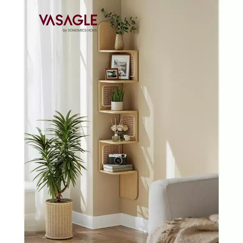 5-Tier Wall-Mounted Corner Shelf with PVC Rattan Sides, Zigzag Design, Space-Saving Floating Shelf