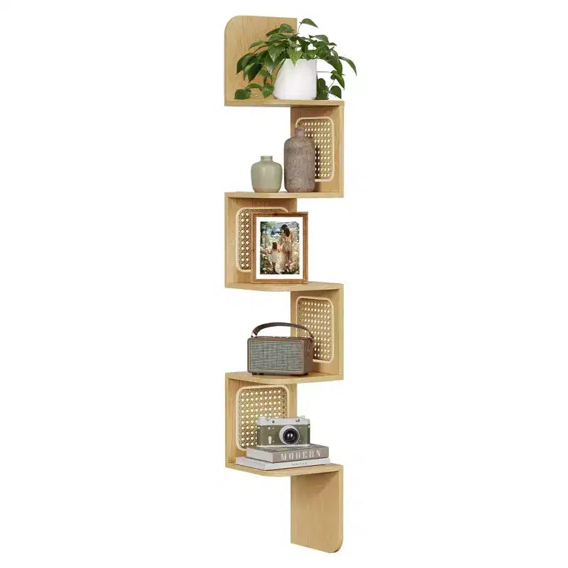 5-Tier Wall-Mounted Corner Shelf with PVC Rattan Sides, Zigzag Design, Space-Saving Floating Shelf