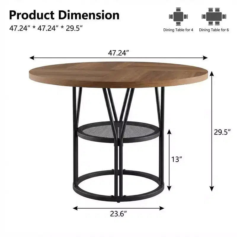 47-Inch Round Dining Table with Storage Shelf and Metal Frame