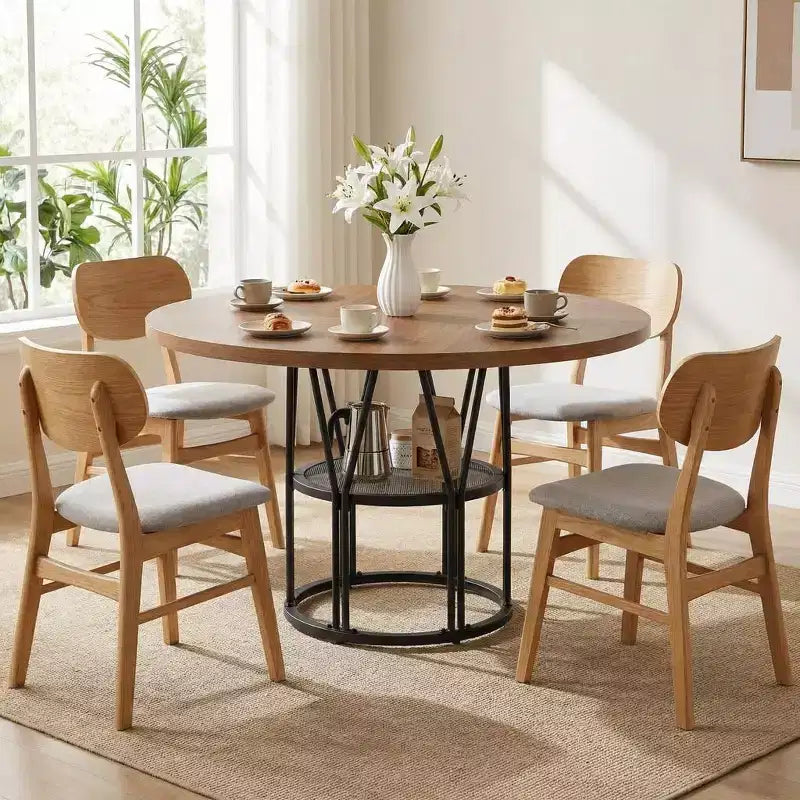 47-Inch Round Dining Table with Storage Shelf and Metal Frame