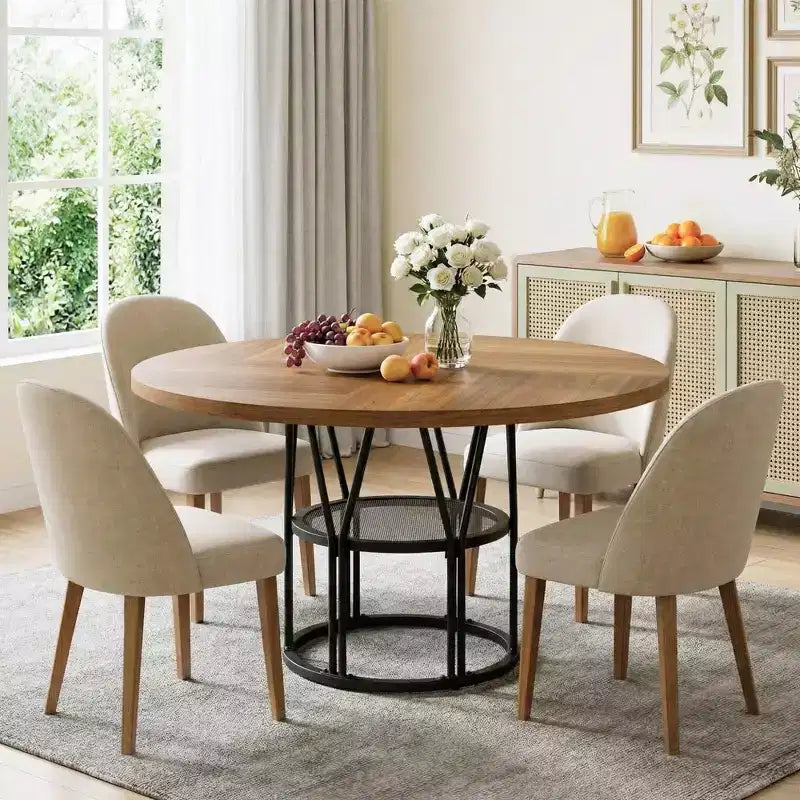 47-Inch Round Dining Table with Storage Shelf and Metal Frame