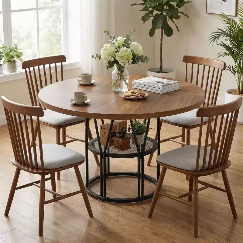 47-Inch Round Dining Table with Storage Shelf and Metal Frame