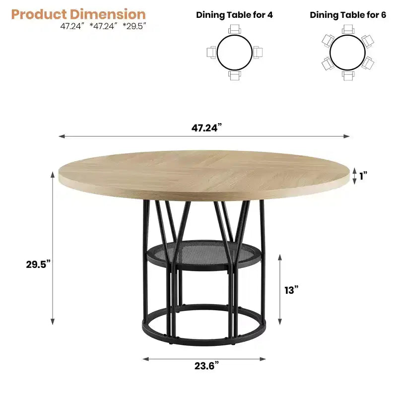 47-Inch Round Dining Table with Storage Shelf and Metal Frame