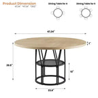 47-Inch Round Dining Table with Storage Shelf and Metal Frame