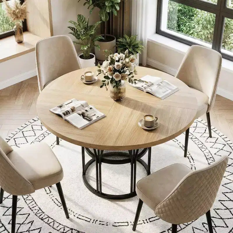 47-Inch Round Dining Table with Storage Shelf and Metal Frame