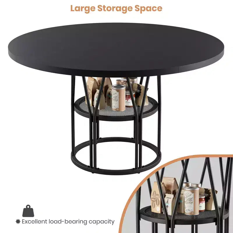 47-Inch Round Dining Table with Storage Shelf and Metal Frame