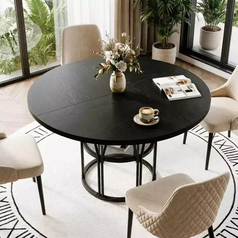 47-Inch Round Dining Table with Storage Shelf and Metal Frame