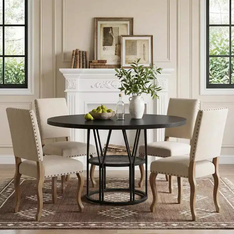 47-Inch Round Dining Table with Storage Shelf and Metal Frame