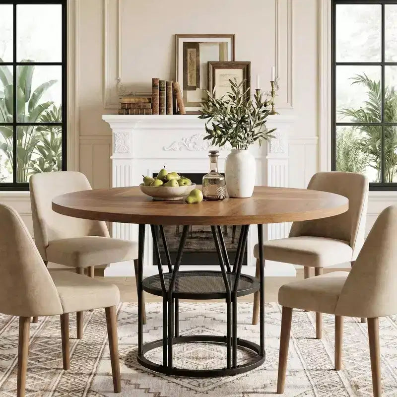 47-Inch Round Dining Table with Storage Shelf and Metal Frame