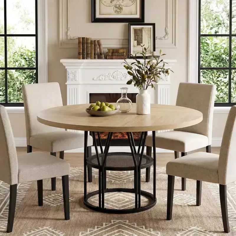 47-Inch Round Dining Table with Storage Shelf and Metal Frame