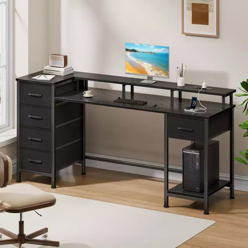 55 Inch Computer Desk with Charging Station, Reversible Gaming Desk with LED Lights, Fabric Drawers and Monitor Stand