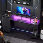 55 Inch Computer Desk with Charging Station, Reversible Gaming Desk with LED Lights, Fabric Drawers and Monitor Stand