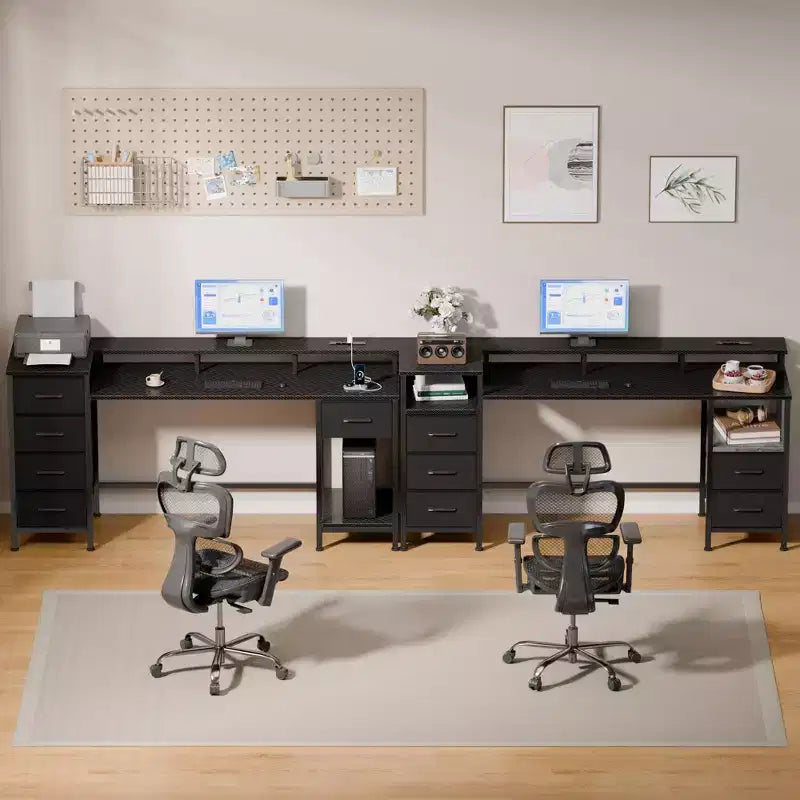 55 Inch Computer Desk with Charging Station, Reversible Gaming Desk with LED Lights, Fabric Drawers and Monitor Stand
