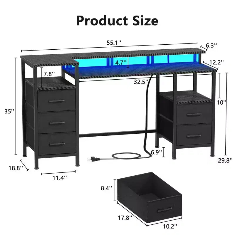 55 Inch Computer Desk with Charging Station, Reversible Gaming Desk with LED Lights, Fabric Drawers and Monitor Stand
