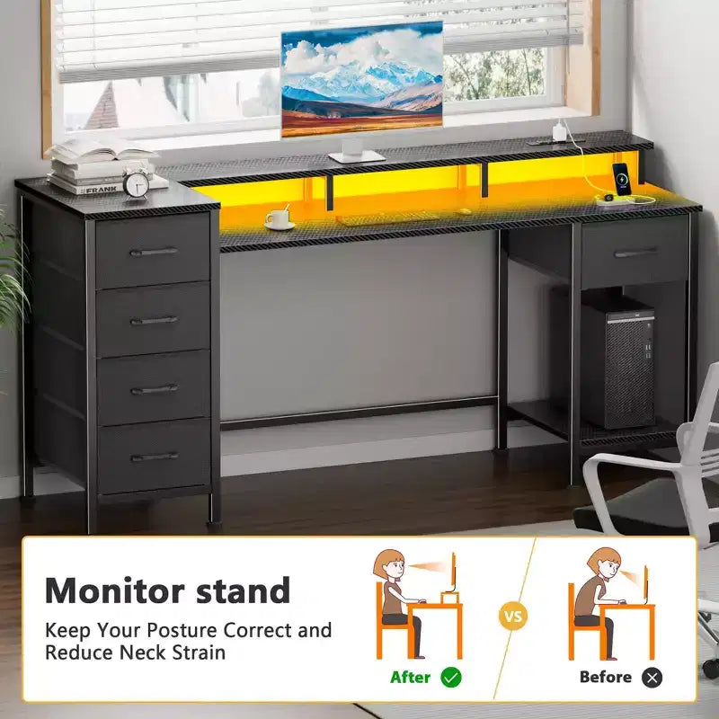 55 Inch Computer Desk with Charging Station, Reversible Gaming Desk with LED Lights, Fabric Drawers and Monitor Stand